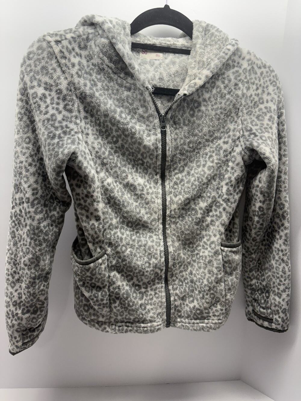 SO Girls Large 10/12 Gray Leopard Print Plush Sherpa Full Zip Hooded Jacket